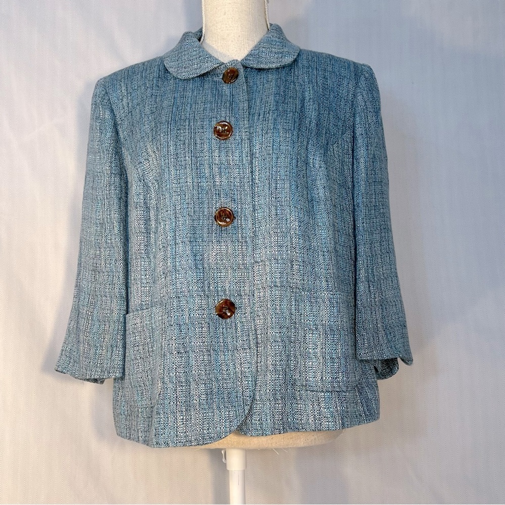Talbots Blazer Jacket Lightweight Blue/White Tweed Linen Cotton Blend 14WP 👍